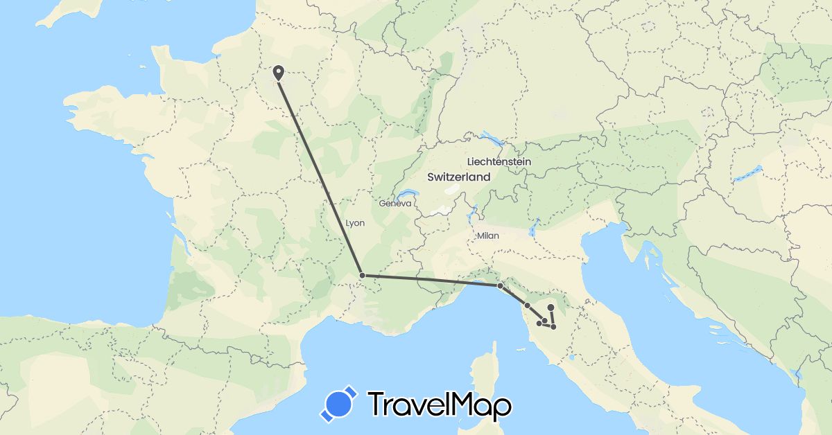 TravelMap itinerary: motorbike in France, Italy (Europe)
